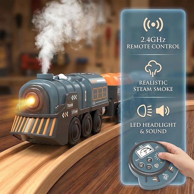 Remote Control Steam Train for Wooden Tracks – RC Train Set with Realistic Smoke, Lights & Sound, Motorized Toy Train Compatible with Thomas & Friends, Brio, for Kids Ages 3-8