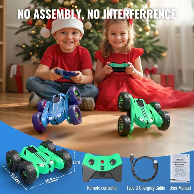 MaxTronic Fast Direct Charging Remote Control Car with LED，Exclusive Dual USB-C Charging for Car & Controller - 2.4Ghz 15km/h 360° Flips Rotations 4WD RC Stunt Car Fully Rechargeable for Kids 3-12