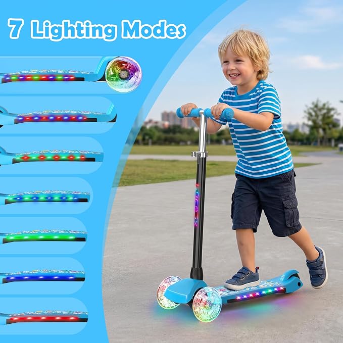 TONBUX Kids Scooter for Ages 3-8: 3-Wheel Kick Scooter with LED Light-Up Wheels & Deck, 7 Lighting Modes, 4 Adjustable Heights, Metal-Reinforced Deck, Lean-to-Steer Balance Training Toddler Scooter