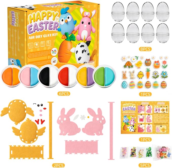 8Pack Eatser Crafts Kit - Air Dry Clay Easter Eggs Crafts for Kids,Modeling Clay DIY Kit for Kids Easter Hunt,Basket Stuffers Fillers,Party Favors and Classroom Prize Supplies,for Age 3+