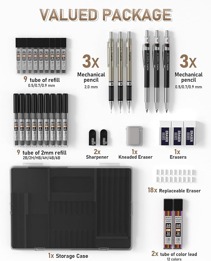 Nicpro 35PCS Art Mechanical Pencil Set, 3 PCS Metal Drafting Pencil 0.5 mm & 0.7 mm & 0.9 mm & 3 PCS 2mm Lead Holder (6B 4B 2B HB 2H 4H Colors) For Sketching Drawing With 20 Tube Lead Refills Case