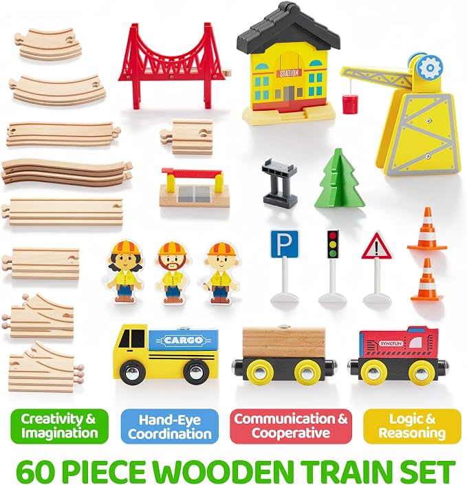 60PCS Wooden Train Set - Toy Magnetic Trains with Wooden Track Set for Kids Ages 3-8, Construction Crane Railway Set, Perfect Easter Birthday Gift for Grandkids Toddlers Boys Girls