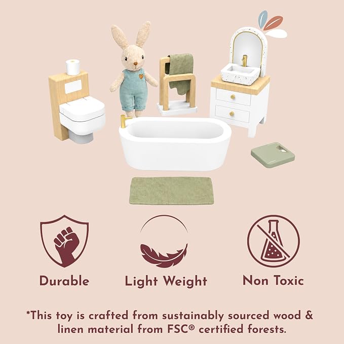 SPEEDY MONKEY Wooden Dollhouse Bathroom Playset with Bunny for Pretend Play | Miniature Bathroom Furniture Set with Bathtub, Sink, Toilet & Mirror | for Kids Ages 3+