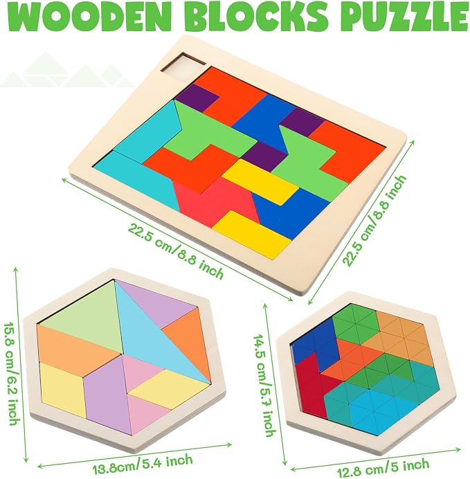 Yunsailing 3 Pack Large Wooden Blocks Puzzles Hexagon Tangram Puzzle Wooden Russian Brain Puzzles for Adult Challenge Teasers Geometric Jigsaw Logic Iq STEM Educational Gift Graduation(Classic)