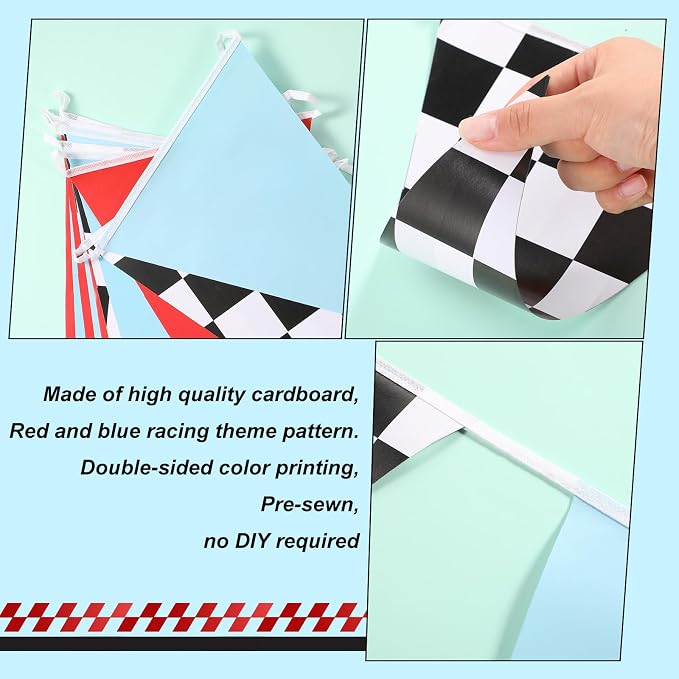 Tiamon 5 Pcs Racing Car Flag Banner Party Decorations Red Blue Black White Checkered Triangle 49.2 Ft Flag Race Car Pennant Banner Garland Streamer for Birthday Baby Shower 2nd Two Fast Party Supply