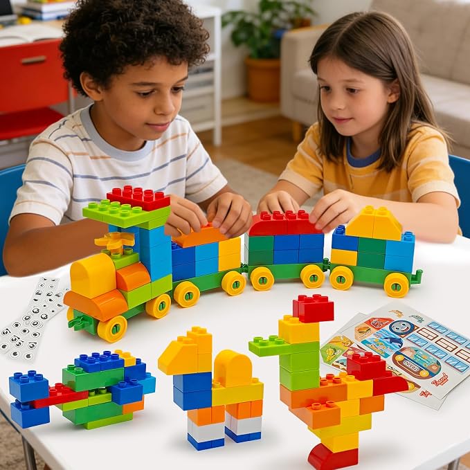 ZHX 155 PCS Classic Creative Building Blocks for Toddlers 3-5, Large Bricks with Train and Stickers, STEM Educational Preschool Toys Compatible with Major Brands with Gift Box