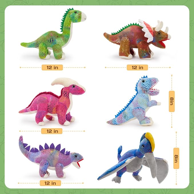 MaoGoLan 6Pcs Stuffed Animals Bulk Dinosaur Plushies with Sequin, 12'' Stuffed Dinosaur T-Rex Blue Velociraptor Toys Collectible Dino Squad for Kids Gifts Christmas Halloween Decorations