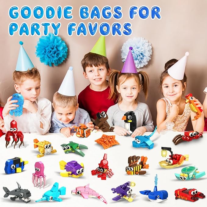 HOGOKIDS 24 Pack Party Favors for Kids Building Set - 629PCS Mini Marine Animals Blocks Toy for Easter Valentines Day Goodie Bag Stuffers Classroom Prizes Gifts fo Kids Boy Girl Student Ages 6-12
