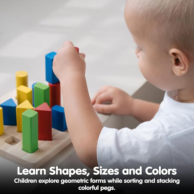 PlanToys® Geometric Peg Board Wooden Shape Sorting & Stacking Toy for Kids Ages 2+ | Montessori STEM Toy for Fine Motor Skills, Color Learning & Coordination | Eco-Friendly Educational Activity
