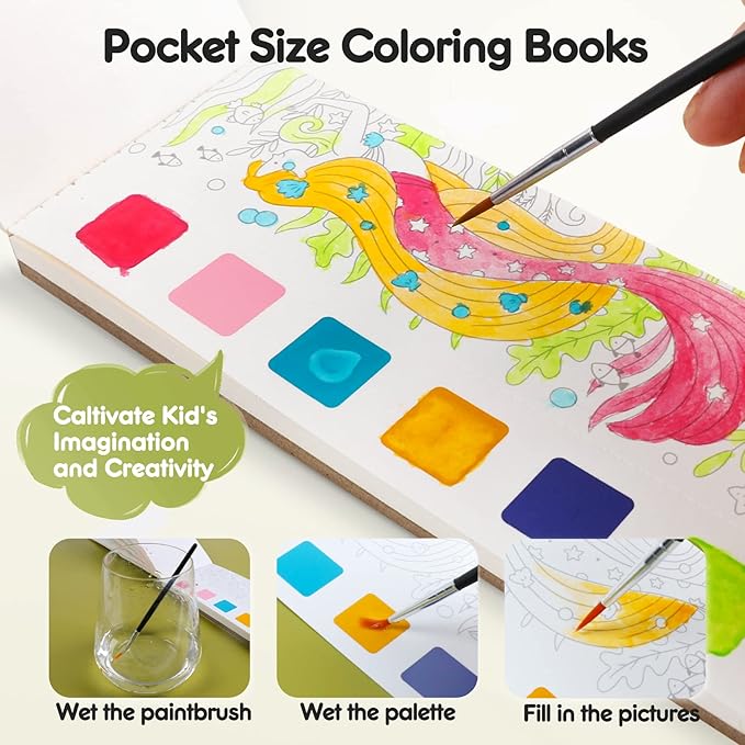 3pack Watercolor Painting Coloring Books, Paint with Water Arts & Crafts Kit for Kids, Pocket Watercolor Paint Bookmarks, Travel Activities Art Supplies Party Favors Birthday Gift for Boys and Girls