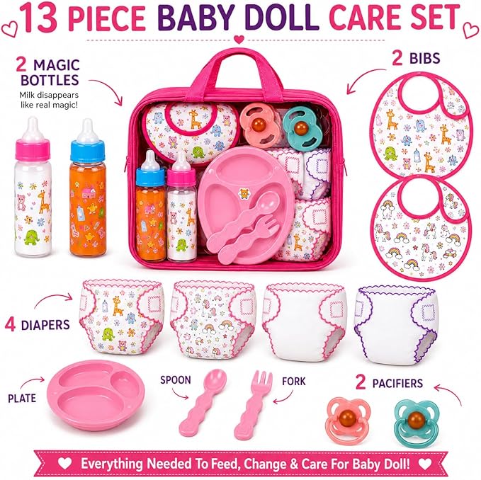 My Sweet Baby 13-Piece Doll Feeding & Diaper Bag Set – Disappearing Milk Bottles, Bibs, Pacifiers, Diapers & Accessories Set – Pretend Play Baby Doll Care Kit for Girls – Fits 12–18″ Dolls