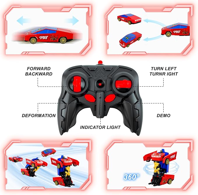 Spider Transform RC Car Toy for Boys 3-8, 2.4GHz Remote Control Cyber Hero Robot Car with LED Light, One-Button Deformation, 360° Drift Pickup Truck Toy Gift for Kids