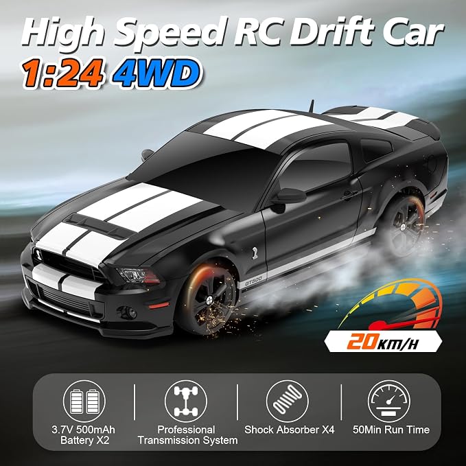 YONCHER RC Drift Car, Remote Control Car for Kids Ford Mustang Shelby GT500 Officially Licensed, 1:24 20KM/H 4WD with Lights, Fast Racing Toy Car for Boys Girls, Black