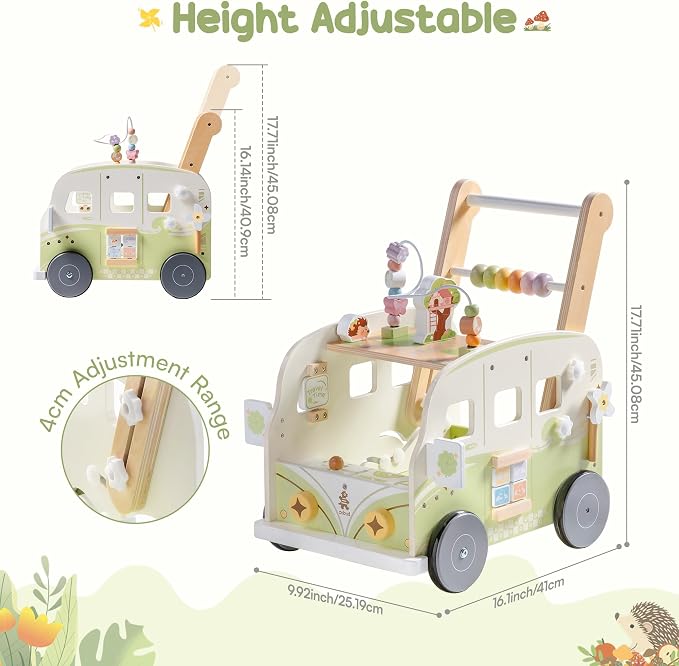 ROBUD Wooden Baby Walker, Height & Speed Adjustable Baby Push Walker with Anti-Slip Wheels, Developmental Activity Center with Forest Toys for 12-36 Months，Green