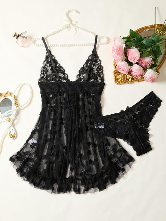 Foxiny Sexy Open Front V Neck Ruffle Sheer Mesh Lace Wireless Babydoll Lingerie Dress with Thong 2 Piece
