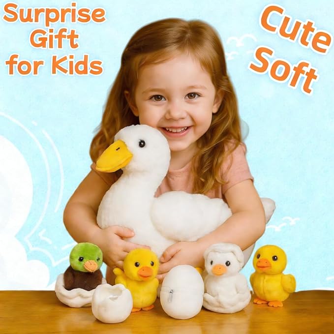 Youthfuljive 7 in 1 Duck Stuffed Animal Plush Duck Toys for Kids Toddlers, 12" Mommy White Stuffed Duck Plush Toy with 4 Baby Ducks Ducklings Eggs Duck Plushie Pillow for Birthday Farm Party