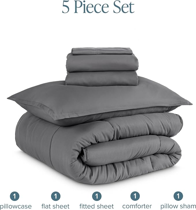 Bare Home Bed-in-A-Bag 5 Piece Comforter & Sheet Set - Twin XL - Goose Down Alternative - Ultra-Soft 1800 Premium Bedding Set (Twin XL, Grey/Grey)