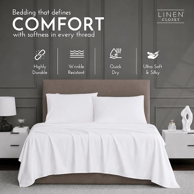 Linen Closet Luxury 1200 Thread Count King Size Sheets Set, 4 Pieces, Cotton Rich, White, Soft, Durable & Wrinkle Resistant Sateen Sheets, 16" Deep Pocket Fitted Sheet, Home & Hotel Essentials
