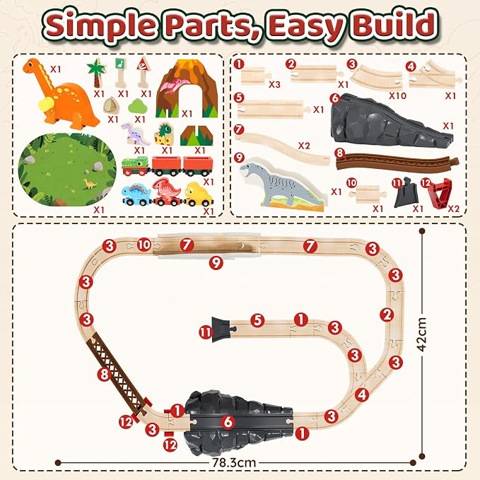 Lehoo Castle Wooden Train Set - Dinosaur Train Set for Toddlers 2-4, Wooden Train Track Railway Playset Toys for 3 4 5 6 Year Old Boys Girls Birthday Gifts