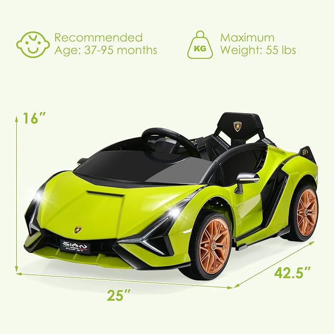 OLAKIDS Kids 12V Licensed Lamborghini SIAN Ride On Car, Electric Vehicle for Toddler with Control Remote, Battery Powered Toy with Music, Horn, 2 Speeds, Suspension, LED Lights, Bluetooth, USB (Green)