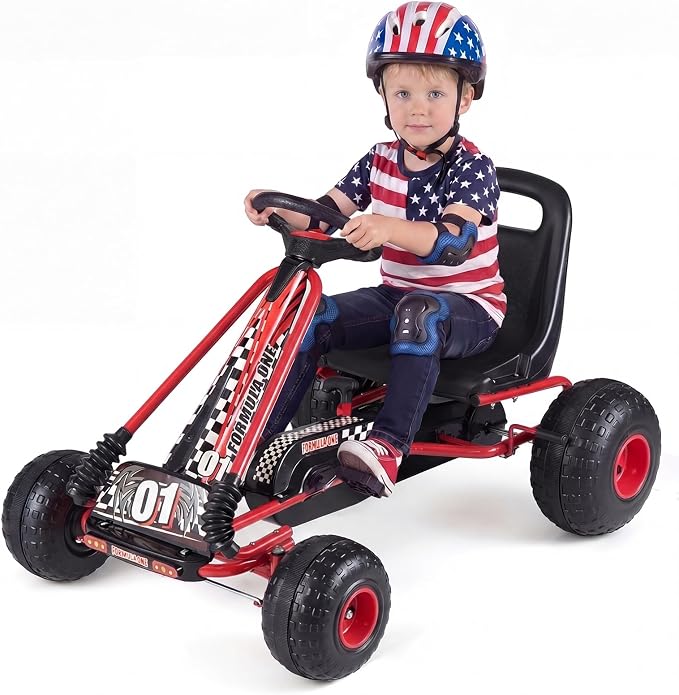Costzon Pedal Go Kart, 4 Wheel Ride on Toy Pedal Car with Adjustable Seat, Forward/Backward & Handbrake, Outdoor Bicycle Go Cart with Wear-Resistant Wheels, Gift for Boys and Girls (Red)