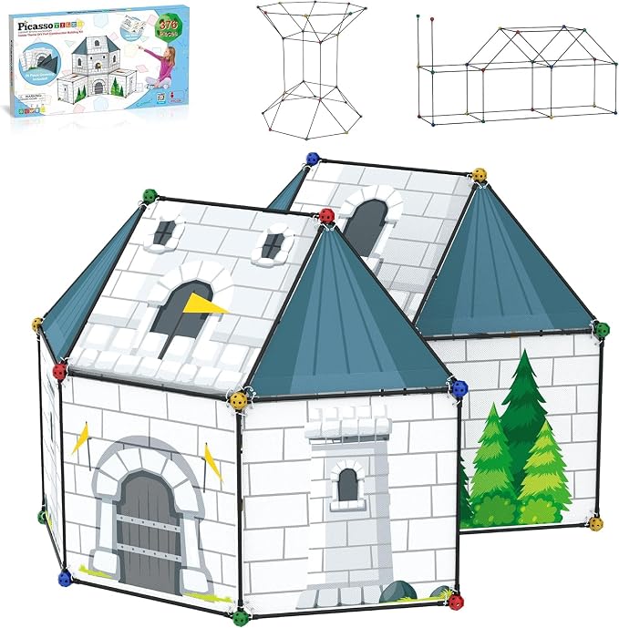 PicassoTiles Fort Building Kit 376 Pieces Kids STEM Educational Learning Construction Play Toy Indoor and Outdoor DIY Build Forts Castles Tents Playhouse with Cloth Cover Print Boy Girl Ages 5+ PTC126