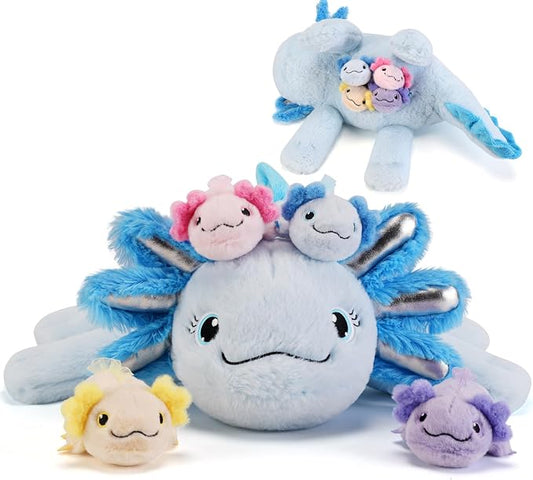 gnomantic Axolotl Stuffed Animals with Babies Inside, Mommy Toy for Kids | 5-Piece set: 1 mommy axolotl + 4 baby axolotls inside. Unzip belly to reveal surprise babies. Ultra-soft, ages 3-8.