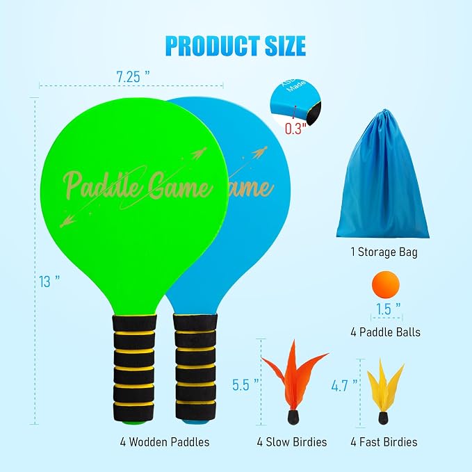 TEILLNET Paddle Ball Set, Outdoor Games for Adults and Family, Badminton Sets for Backyards Yard Game with 4 Rackets 4 Balls 8 Birdies, Beach Toys Pool Lawn Outside Park Camping Family Games Gifts