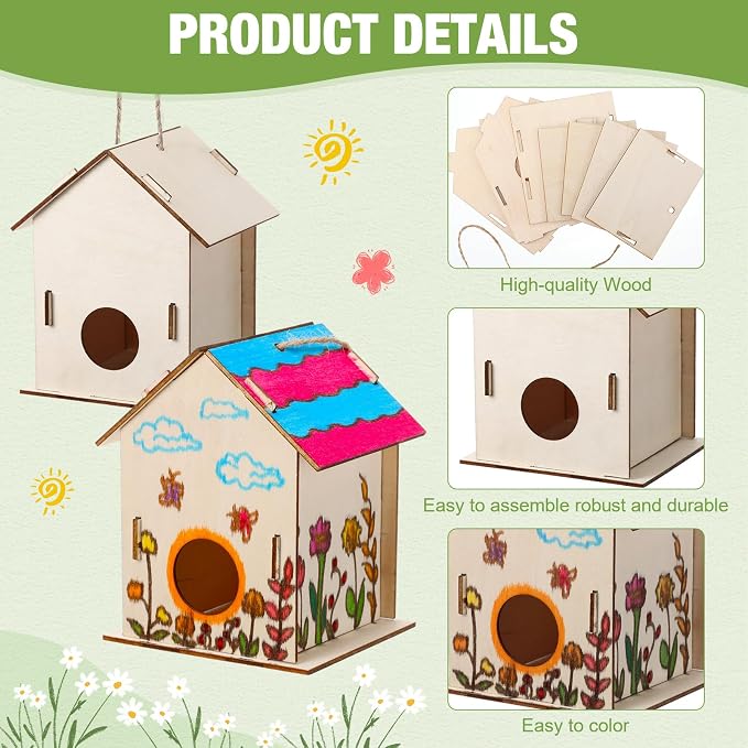 DoubleFill 48 Pcs Bulk Wooden Bird Houses Kits for Kids Mini Bird House for Craft DIY Unfinished Wood Birdhouse to Paint, Build for Children Wooden Arts Classroom Activity, 3 Styles