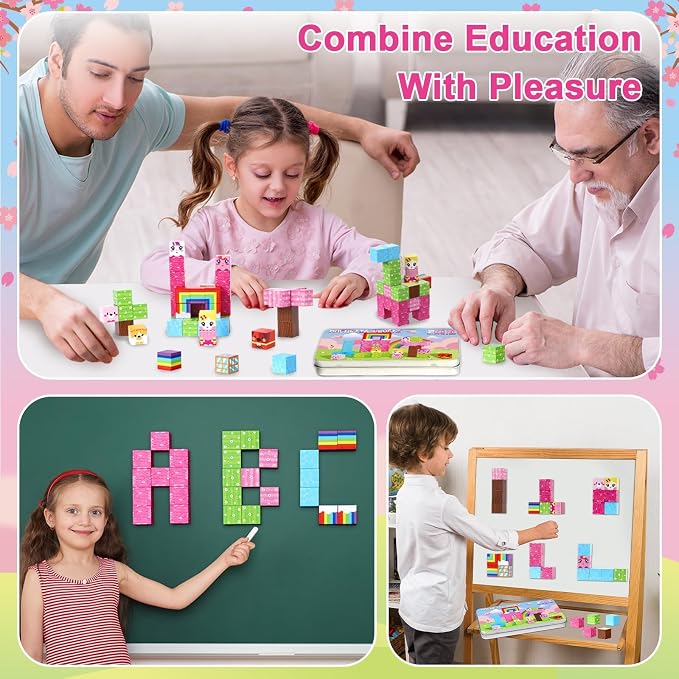 QOUBAI 45PCS Mini Magnetic Blocks Travel Toys, Magnet Building Cubes Tiles Set with Portable Iron Case, Learning Activities Gifts for Kids Toddlers Boys & Girls Ages 3-8 (Unicorn Rainbow)