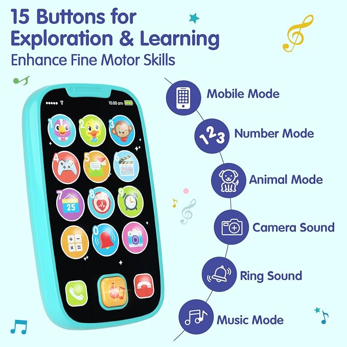 Toys for 1 Year Old Boy, 15 Functions Phone Baby Toys 6-12 Months, Baby Cell Phone 12-18 Months, Learning Toys for Toddlers 1-3, Easter Basket Stuffers - Cyan