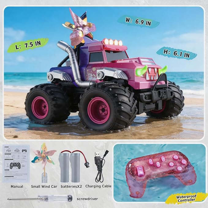 3-in-1 Amphibious Remote Control Car, RC Boat/Water Gun, 2.4GHz All Terrain Waterproof Monster Trucks for Boys Age 4-7 W/2 Batteries 70 min, Birthday Gift Pool Toys for Kids Ages 4-8