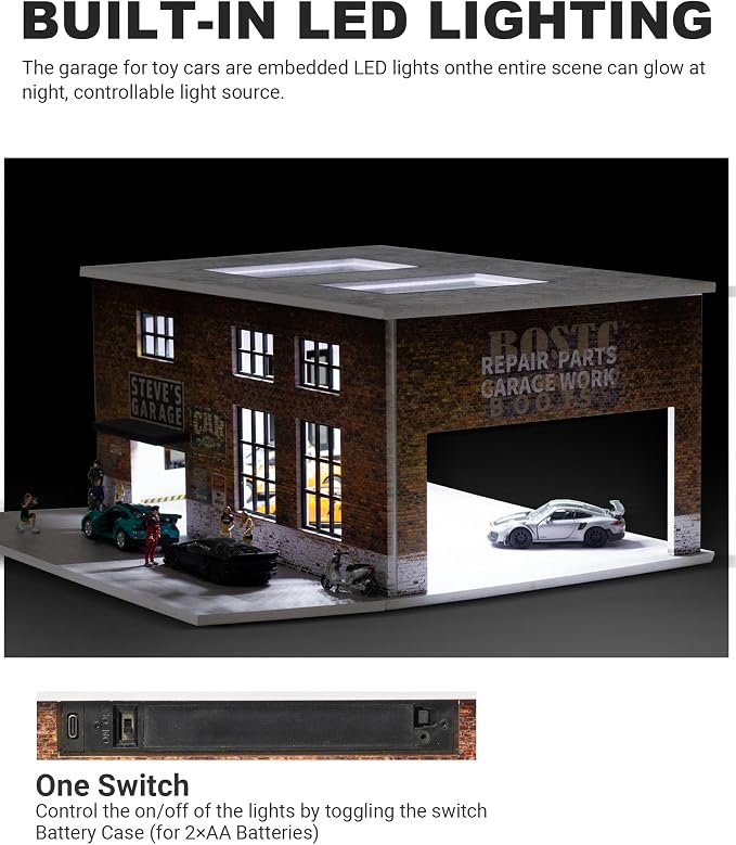 1/64 Scale Display Case Car Garage Model, Factory Building Cover Diecast Diorama Box Decorative Miniature Scene with LED Light for Toy Car Display and Storage