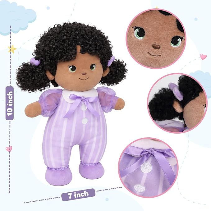 Soft Black Baby Doll My First Baby Rag Dolls for Kids,Snuggle Buddy Toys for 1 Year Old Girl,Birthday Gifts for Girls Infants Toddlers 10"(Purple)