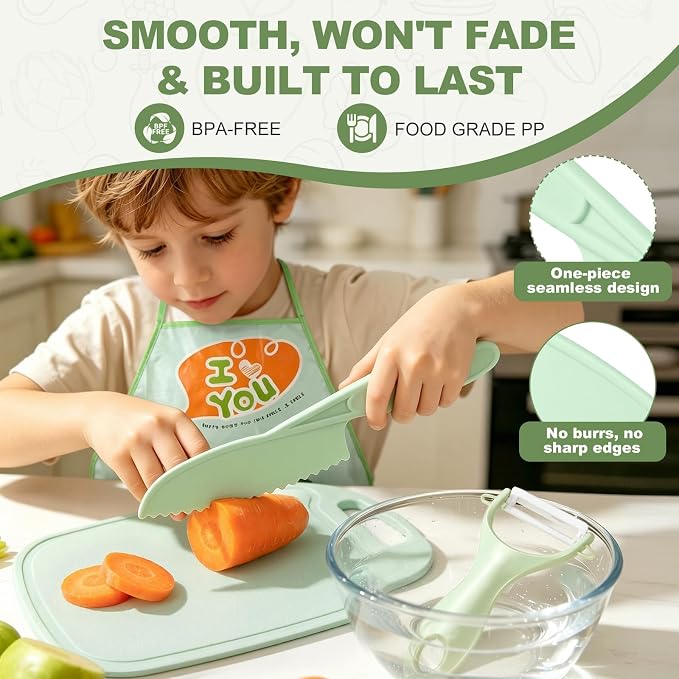 17 PCS Montessori Kitchen Toys for Toddlers, Safe Kids Knife Set for Real Cooking, Toddler Kitchen Utensils with Apron, Sleeves & Storage Basket, Educational Gift for Boys Girls Ages 2+