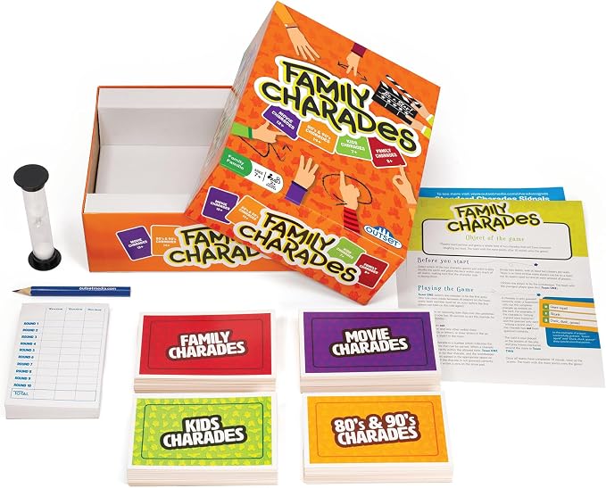 Outset Media Family Charades Game; 4 Games in 1 Box. Includes Movie, 80's 90's, Kids, Family Trivia for 2 or More Players, Ages 7 and up.