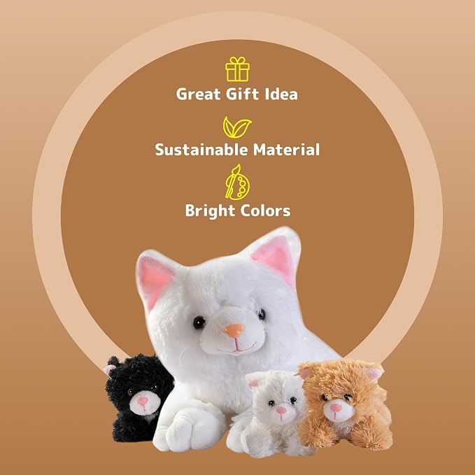 PREXTEX Plush Cat Toys Stuffed Animal with 3 Cats Baby Stuffed Animals - Big Cat Zippers 3 Little Plush Baby Kittens - Animal with Babies - Gift for Cats Lovers