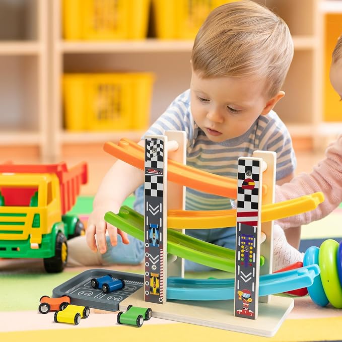 WOOD CITY Wooden Car Ramp Racer Toy Vehicle Set with 4 Mini Cars & Race Tracks, Toddler Toys Montessori Cars Toys Birthday Gift for Kids Boys and Girls
