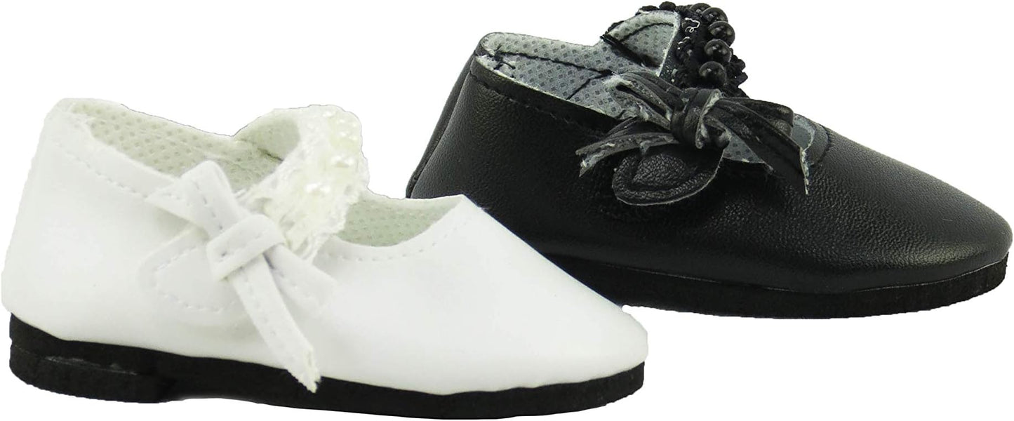 American Fashion World Black and White Pearl Flats for 18 inch Dolls | 2 Pack | Premium Quality & Trendy Design | Dolls Shoes | Shoe Fashion for Dolls for Popular Brands