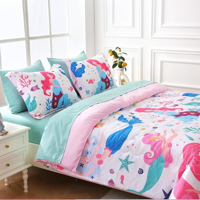 Wajade Kids Mermaids Comforter Set Bed in A Bag Full Size 7 Piece Colorful 3D Cartoon Mermaids Bedding Set for Girls (1 Comforter, 1 Flat Sheet, 1 Fitted Sheet, 2 Pillowcase and 2 Pillow Sham)
