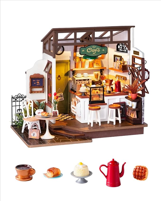 Robotime DIY Miniature House Kit, 1:18 Coffee Shop Diorama Dollhouse with LED Lights, 3D Wooden Puzzle Diorama for Adults, Craft Hobby Gift for Women Men Teens