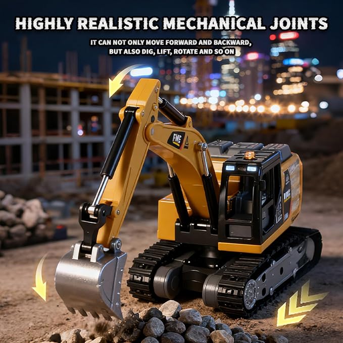 GRANTLEY 1/64 Remote Control RC Excavator Toy,Metal Rechargeable Mini Excavator Toy,RC Construction Vehicles with Lights & Sounds,STEM Birthday Gift for Boys and Girls Ages 4-12