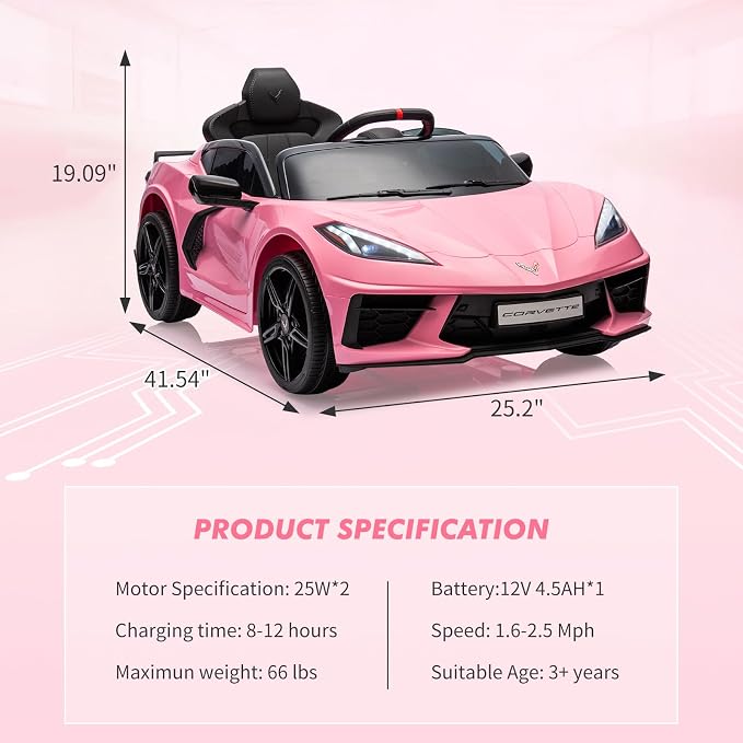 Garvee 12V Kids Ride on Car Licensed Corvette Toddlers Electric Sports Car Ride on Toy with Remote Control, Visual Dashboard, LED Lights, Music for Boys & Girls, Pink