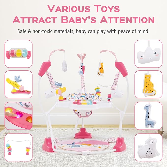 INFANS Baby Activity Center, 3 in 1 Play Center Jumpers and Bouncers with Music, Lights, Interactive Toys, 360°Rotating Seat, 3 Adjustable Heights, Exersaucer Learning Toys for Baby 6-12 Months (Pink)