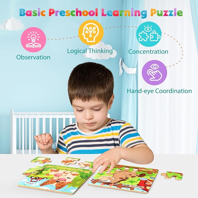Zeoddler Wooden Puzzles for Toddlers, 8 Pack Farm Animal Jigsaw Puzzles for Kids3-5, 9 Pieces Preschool Learning Activities, Learning & Educational Toys, Gift for Boys, Girls