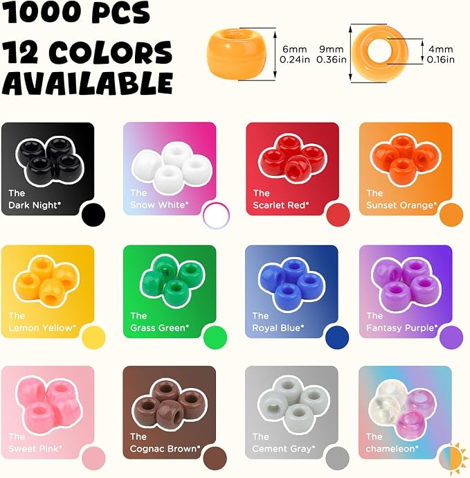 Dowsabel Yellow Pony Beads Bulk 1000 Pcs 6x9mm, Large Hole Kandi Hair Beads for Braids Bracelets, DIY Friendship Bracelets Necklaces Jewelry Making Crafts and Gifts