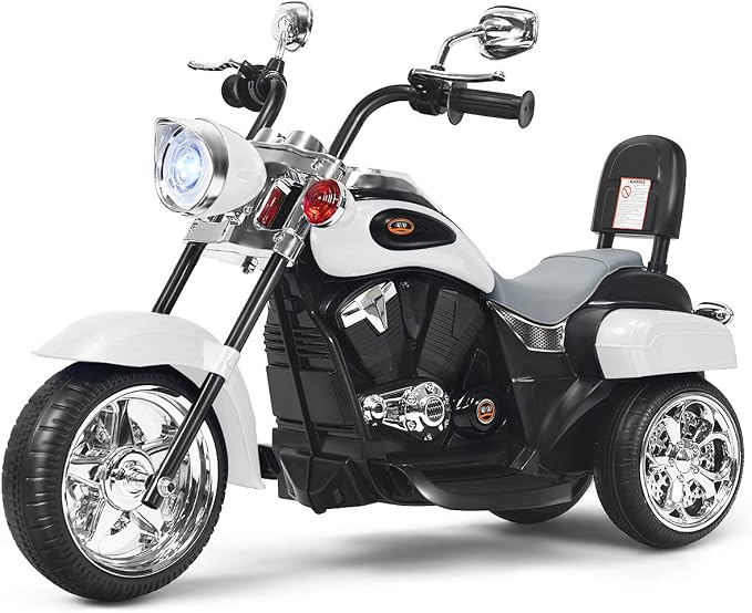 Costzon Kids Motorcycle, 6V Battery Powered Ride on Chopper Motorcycle w/Horn, Headlight, 3-Wheel Stable Ride on Toys, Electric Toddler Motorcycle for Kids, Gift for Boys Girls (White)