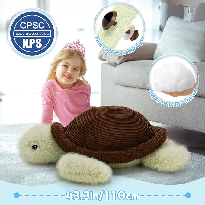 MorisMos Giant Sea Turtle Stuffed Animal Plush Pillow 4ft – 51" Lifesize Stuffed Turtle Plush Toy for Kid Adult,Large Tortoise Toy Gift for Marine Lovers, Cuddly Ocean Creature Decor,CE/CPC Certified
