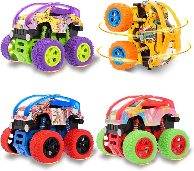 Monster Truck for Boys 3 4 5 6 7 Year Old,4 Pack Push and Go Friction Powered Car Toys, Double-Directions Inertia Pull Back Vehicle Set,Birthday Party Gift for Kids (Type_D)