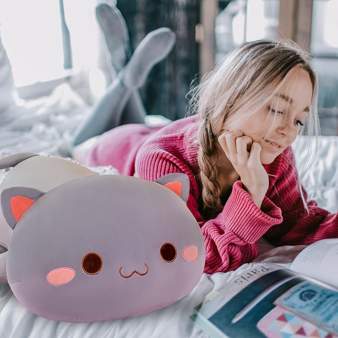 FUYU Cat Stuffed Animals, Soft Cat Plush Pillow Kawaii Kitten Stuffed Animal Toy Gifts for Kids Boys Girls Room Decor (Grey Round Eyes,27in/67cm)